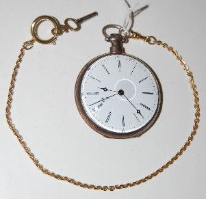 T. Jacot 18J Pocket Watch: T. Jacot 18J Pocket Watch: KW/KS; DMK; the brass heavily engraved movement is also marked along with the name "Fluerier and Suisse"; the dial w/ Roman numerals is flat; in a silver colored case marked