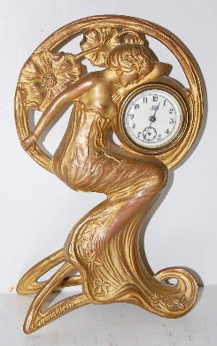 Art Nouveau Figural Lady Novelty Clock: Art Nouveau Figural Lady Novelty Clock: marked JB 193, Eugene Klein. All items sell As Is, Where Is, no guarantees of any kind. We accept Mastercard & Visa, no paypal, no personal checks, no money ord