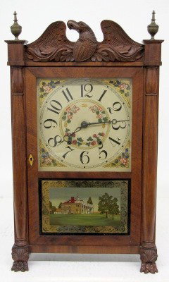 Eli Terry Wood Works Shelf Clock W/ Eagle: Eli Terry Wood Works Shelf Clock W/ Eagle: nice carved case; wood dial; partial label; nice glass lower tablet. 29 1/2" All items sell As Is, Where Is, no guarantees of any kind. We accept Mastercard 