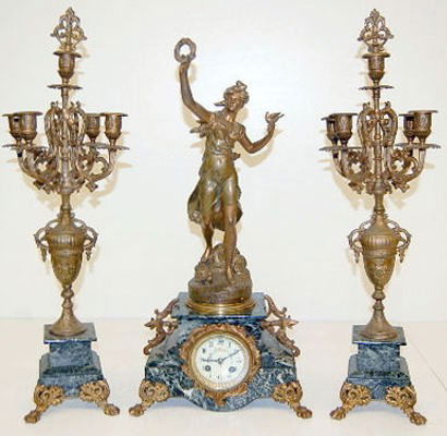 French 3 Piece Clock Set "Vainqueur" par Dracnon: French 3 Piece Clock Set "Vainqueur" par Dracnon: movement signed Japy Freres; porcelain dial. 23" All items sell As Is, Where Is, no guarantees of any kind. We accept Mastercard & Visa, no paypal, no