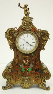 Antique French Boulle Shelf Clock, Marc, Paris : Antique French Boulle Shelf Clock, Marc, Paris: porcelain dial marked "Ree Marc a' Paris"; Roman numerals; time and strike; winged cherub on top with man's face above dial; leafy sides and feet; movem