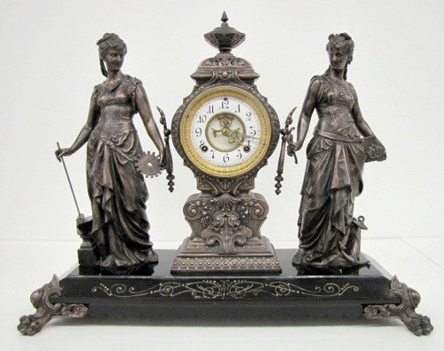 Ansonia "Art & Commerce" Double Statue Clock : Ansonia "Art & Commerce" Double Statue Clock: porcelain two piece sunk dial with visible escapement; time and strike; 8 day; half hour gong strike; beveled glass; has pendulum; no key; marked movement