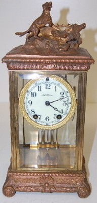 Seth Thomas Crystal Regulator W/ Dog & Deer: Seth Thomas Crystal Regulator W/ Dog & Deer: Empire No.14; marked Seth Thomas porcelain dial; time and strike; has key and pendulum; winds, strikes and runs; metal case with dog and elk; bronze finish