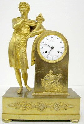 French Empire Dore Male Statue Clock, L. Mallet: French Empire Dore Male Statue Clock, L. Mallet: porcelain dial marked "Le Mallet" Hh. De M.D. D'Orleans"; movement not marked; has pendulum; no key; glass back door; not tested for running condition.