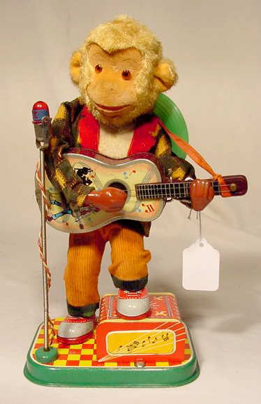 1950's Battery Operated Rock-n-Roll Monkey NR: Rock-n-Roll Monkey 1950's, Rosko Co., 5 actions, Japan, works 12" T. No Reserve!