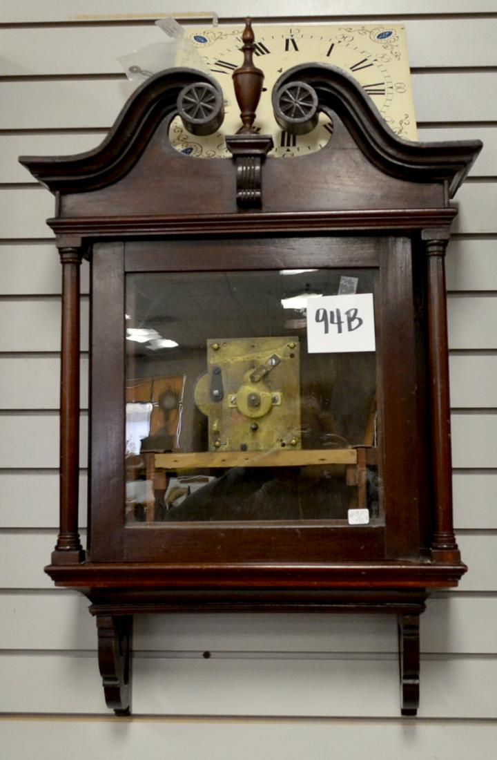 Coventry Astral Hanging Clock w/ Fusee Movement: Coventry Astral Hanging Clock w/ Fusee Movement: time only, mahogany case is 32 1/2"L x 20 1/2"w, the 10 1/4" dial is original although it has been repainted, selling with dial and hands removed, the