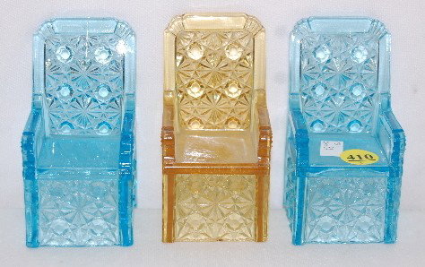 3 EAPG Chairs, 2 Blue, 1 Amber: 3 EAPG Chairs, 2 Blue, 1 Amber: made by Geo. Duncan & Sons; late 1880's No Condition Problems. 4" All items sell As Is, Where Is, no guarantees of any kind. We accept MasterCard & Visa, no PayPal, no 