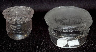2 Pattern Glass Hats, Soldier, Daisy & Button: 2 Pattern Glass Hats, Soldier, Daisy & Button: 1.) Textured clear glass with rope and band. 2.) Daisy & Button hat. (Large chip on top.) Tallest 4 1/2" No Condition Problems. All items sell As Is, Whe