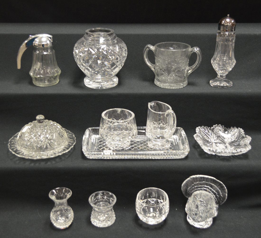 13 Pc Waterford Crystal and other Glass: 13 Pc Waterford Crystal and other glass. First items are Waterford. 1) Muffineer, 7 3/4" and turkey figurine 4 1/2"T. 3) Creamer and sugar(open) 4 1/2" and 3 1/4" tall. 4) Rectangular tray 10 3/4" x 5