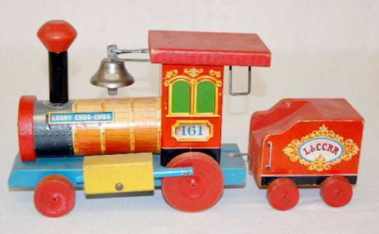 Fisher Price Looky Chug-Chug Train Pull Toy: Fisher Price Looky Chug-Chug Train Pull Toy: #661, 1949. 7' x 13 1/4". (Slight edge wear & paper loss.) In as is as found played with condition. All items sell As Is, Where Is, no guarantees of any ki