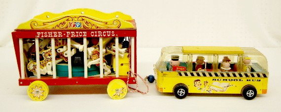 Fisher Price School Bus & Circus Pull Toys: Fisher Price School Bus & Circus Pull Toys: #983 Safety School Bus, 1959; bus and 6 passengers. 2.) Fisher Price Circus, complete 30 piece set plus booklet. Date & item number not known. (Paper loss t