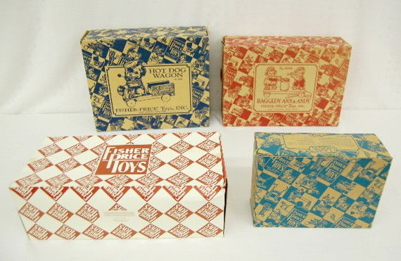4 Fisher Price Toy Town Toys in O.B.: 4 Fisher Price Toy Town Toys in O.B.: 1.) #6145 Jingle Elephant Pull Toy. 2.) #6588 Snoopy Dog Pull Toy. 3.) #6880 Ann & Andy Parade Pull Toy. 4.) #75001 Hot Dog Wagon. Largest 14". All modern; all mi