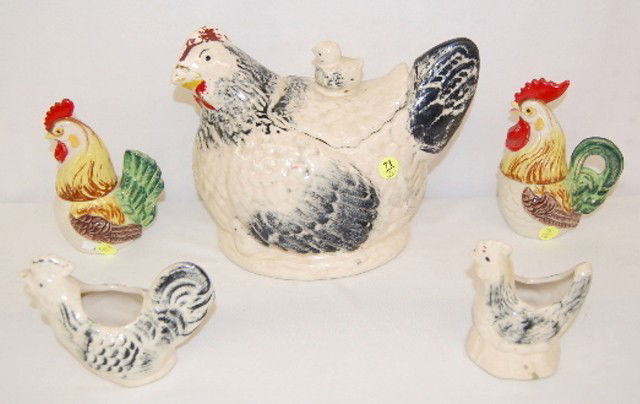 5 Pottery Chickens, Cookie Jar & Others: 5 Pottery Chickens, Cookie Jar & Others: 1.) Unmarked cookie jar w/matching cream & sugar. 2.) Colorful hen & rooster cream & sugar; paper label Napco Ceramic S911. Tallest 9". (Paint wear to cookie j