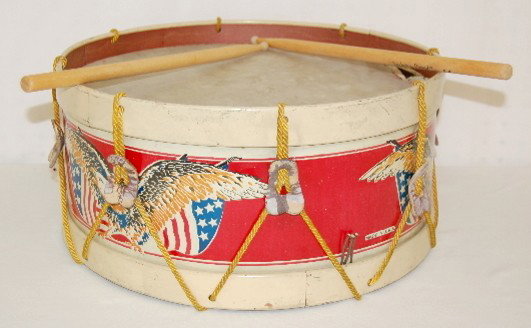 Tin Litho Toy Drum, Eagle & Flag: Tin Litho Toy Drum; Made in U.S.A.: marked on sides; eagle and flag decoration; top stamped "Calf Skin Head", has drumsticks. (Scratches and wear to tin; head is separating from body.) In as is found 