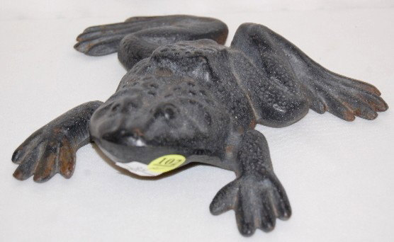 Cast Iron Frog Figural Doorstop, 7 3/4"L: Doorstop - Cast Iron Frog: marked VCM-21(??). 7 3/4" Long. No paint. No Condition Problems. All items sell As Is, Where Is, no guarantees of any kind. We accept Mastercard & Visa, no paypal, no person