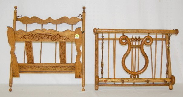 2 Antique Oak Hanging Racks: 2 Oak Hanging Racks: One has a music symbol and is 14 1/2" L x 17 3/4" W. The other rack has pressed and tooled designs and is 20 1/4" L x 16 3/4" W. In as is as found condition. All items sell As Is,