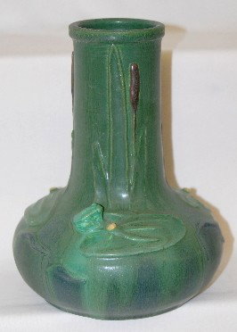 Ephraim Pottery Vase with Frog & Lily Pads: Ephraim Pottery Vase with Frog & Lily Pads: the frog sits on several lily pads with white cattails growing nearby; artist is Kevin Hicks. 8 1/2" Tall. No Condition Problems. All items sell As Is, Wher