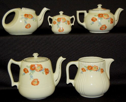 5pcs Hall Orange Poppy China: 5pcs Hall Orange Poppy China: one coffee pot, one teapot, one water pitcher, one covered sugar and a teapot minus the lid. No Condition Problems. All items sell As Is, Where Is, no guarantees of any k