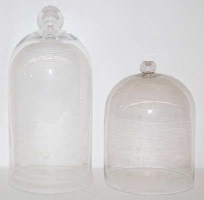 2 Glass Domes with Top Knobs, Clear: 2 Glass Domes with Top Knobs: straight sides, 1 with a large knob and 1 with a small knob. Tallest 16" x 7 1/2"; Shorter 11" x 8" Diameter No Condition Problems. All items sell As Is, Where Is, no gua