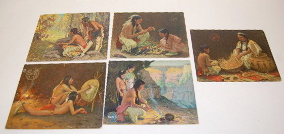5 Santa Fe Railroad Poster Boards: 5 Santa Fe Railroad Poster Boards: Scenes of American Indians doing everyday activities such as decorating a shield, basket weaving, praying, turkey hunting and shucking corn. 9 3/4" x 12". (All have 