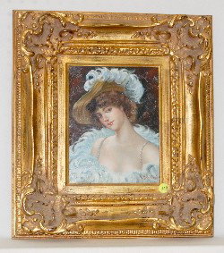 F. Bruiner, Oil on Canvas, Beautiful Woman: F. Bruiner, Oil on Canvas, Beautiful Woman: signed oil on canvas, depicting a young beauty in a feathered hat and boa; in a fancy antiqued frame marked Made in Mexico. Visible 9" x 7"; framed 17 3/4" 