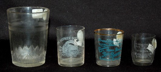 Shot Glasses w/ Advertising & Dewey Tumbler: Shot Glasses w/ Advertising & Dewey Tumbler: the pressed glass tumbler has Admiral Dewey & profile in the bottom; shot glasses represent the following "Hayner Distilling Co., Green Mountain Distillery