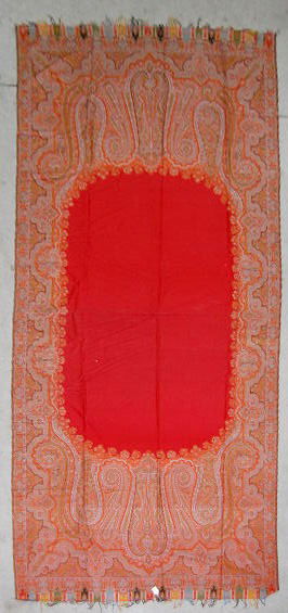 Paisley Cloth with Red Center, Large Size: Paisley Cloth with Red Center, Large Size: in bright red and other colors with an intricate design; looks hand made. 10' 11" x 5' 1 1/2"> In excellent condition. All items sell As Is, Where Is, no gua