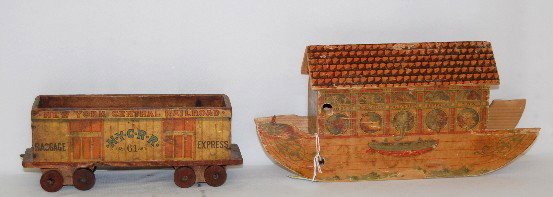 2 Bliss Style Paper / Wood Toys, Ark & Rail Car: 2 Bliss Style Paper Over Wood Toys: 1.) Noah's Ark marked Made in Germany. (Has some damage.) 5 3/4" T x 12 3/4" L. 2.) N.Y.C.R.R. baggage express car with an open top. (Has some damage including a mi