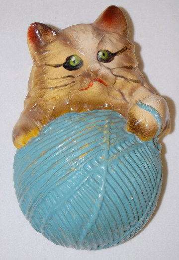 Plaster Figural Blue & Gray Kitten String Holder: Plaster Figural Blue & Gray Kitten String Holder: formed as a kitten with a ball of string; painted in natural colors. The string is pulled from the bottom of the string ball. Circa 1940's; Unmarked.
