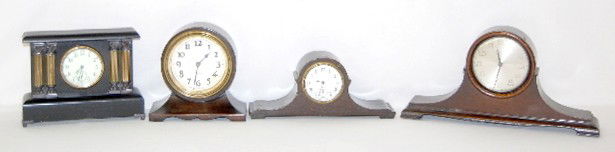 Sessions, New Haven and Westclox Mantel Clocks: Sessions, New Haven and Westclox Mantel Clocks: 1.) New Haven Column Mantel; marked New Haven porcelain dial with seconds bit and beveled glass. (Not running.) 2.) Westclox round with marked paper dia