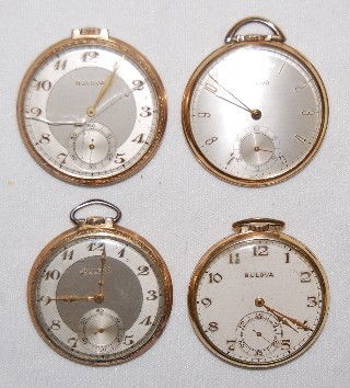 4 Bulova Pocket Watches, Thin Cases, Open Face: 4 Bulova Pocket Watches, Thin Cases, Open Face: 1.) 17J, unadjusted, 17AH movement with a silver dial and gold features in excellent condition; in a yellow snap on case No. 5494901. (The back is a bit