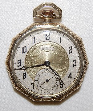 Illinois Bunn Special, 17J, 12-13S Pocket Watch: Illinois Bunn Special, 17J, 12-13S Pocket Watch: OF, DR, S.N. 4265011, adjusted; in a yellow snap on 25Yr. Wadsworth pilot case No. 6249239. (The silver part of the 2 color dial has dark specks and li