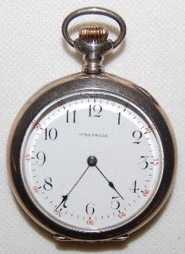 Waltham 15J, 6S, OF, DMK, Sterling Pocket Watch: Waltham 15J, 6S, OF, DMK, Sterling Pocket Watch: SW&S, S.N. 10231105, Safety Barrel; flat dial in a hinged CWC Co. sterling silver case No. 2037 marked with a Dec. 25, 1905 presentation on the inside