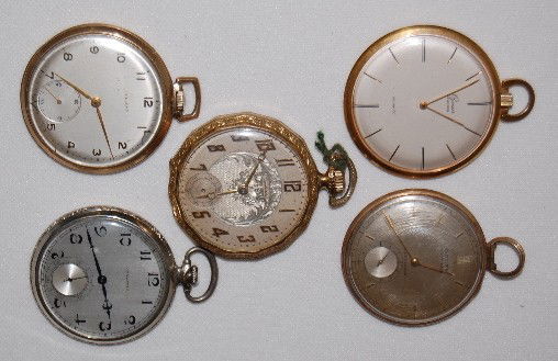 5 Pocket Watches by Swiss Makers, All Thin Cases: 5 Pocket Watches by Swiss Makers, All Thin Cases: 1.) Longines, 17J, adjusted to temp and 2 pos., No. 4103169, in a yellow hinged 14K gold filled Wadsworth case No. 6976048; silver dial looks good; wa