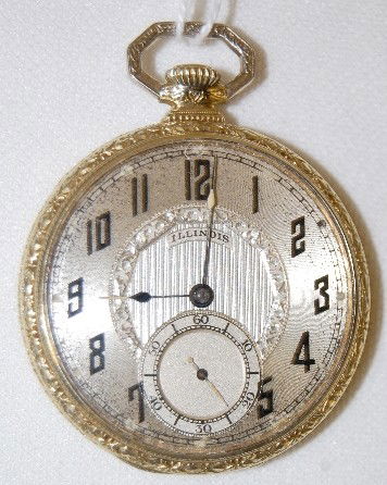 Ill. 12S, 17J, Open Face Pocket Watch: Ill. 12S, 17J, DMK, DR, SW & S, GF, Open Face Pocket Watch: S.N. 3873463. In a snap back yellow Wadsworth 14K gold filled case numbered 6783022. (The silver dial has some dark spots; the case shows we