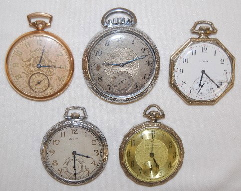 6 Pocket Watches: Hamilton, Elgin & Others: 6 Pocket Watches: Hamilton, Elgin & Others: 1.) Hamilton 974, 16S, 17J, S.N. 1683590; in a white Defiance case numbered 7860229. 2.) Elgin, 12S, S.N. 16944071l in a white Defiance case numbered 242553