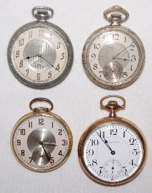 4 Waltham Pocket Watches, Open Face, 14S - 16S: 4 Waltham Pocket Watches, Open Face, 14S - 16S: 1.) W.W. Co., 17J, crest, adjusted, S. N. 20056963 with a silver dial and revolving seconds display in a Star nickel case No. 8887837; the watch is runn