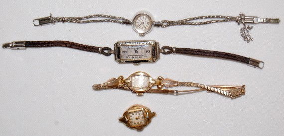 4 Bulova Ladies Wrist Watches, 3 14K & 1 is 18K: 4 Bulova Ladies Wrist Watches, 3 14K & 1 is 18K: 1.) 17J, Unadj., 68F, in a 14K yellow gold AVON W.C.Co. case. No band; not running. 2.) 17J, Unadj., 5AF, in a 14K yellow gold Bulova case No. 541073 o