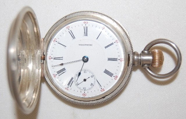 Waltham P.S. Bartlett 17J, HC, Coin, Pocket Watch: Waltham P.S. Bartlett 17J, HC, Coin, Pocket Watch: 18S, DMK, LS, adjusted, S.N. 16008906, circa 1907 with a DSD in a hinged Dueber coin silver case with anchor mark and No. 2196895; case has nice engr