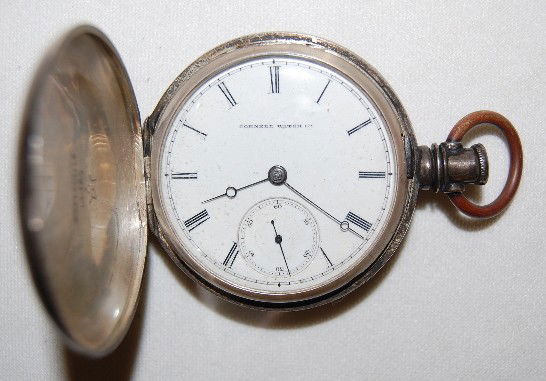 Cornell Watch Co. 18S, John Evans, Pocket Watch: Cornell Watch Co. 18S, John Evans, KW, Hunting Case Pocket Watch: S.N. 20061, Full Jewel'd, Chicago, Ill.; in a triple hinged coin silver case numbered 1851 (The case shows some wear.) Winds but does