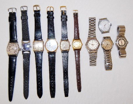 10 Wrist Watches; Various Makers and Ages: 10 Wrist Watches; Various Makers and Ages: 1.) Eterna Automatic; running. 2.) Early Waltham with fancy bezel; running. 3.) Old Wittnauer; running. 4.) Elgin Deluxe; running. 5.) Jaeger Le Coultre; run