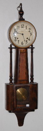 Ingraham Nile Banjo Clock: Ingraham Nile Banjo Clock: 8 day T&S with an 8" dial. Running and striking at this time. 39" All Items Sell As Is, Where Is, No Guarantees of Any Kind. You must contact our office at 641-754-4890 to m