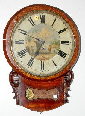 Single Fusee Tavern Style Wall Clock: Single Fusee Tavern Style Wall Clock: scenic painted dial; sunburst pendulum with face. (Case has problems.) Not tested. Dial 11 1/2"; clock 20". All Items Sell As Is, Where Is, No Guarantees of Any K