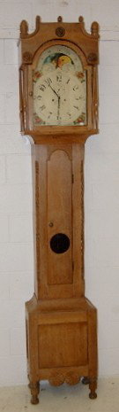 Early Primitive 2 Weight Tall Case Clock: Early Primitive 2 Weight Tall Case Clock: metal painted dial calendar; seconds bit and moon phase. ***Please note, this item ships F.O.B., this means you the buyer must make your own packing and shipp