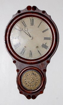 Seth Thomas "Office # 1" Wall Clock, 1875: Seth Thomas "Office # 1" Wall Clock, 1875: has pendulum and key; painted tin dial; 8 day; T & S; good interior label; gilt decorated door. (Dial has some roughness and is discolored.) Running and stri