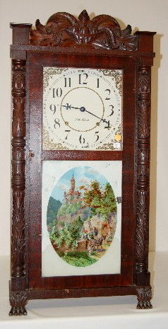 Seth Thomas "Putnam" 8 Day Mantel Clock: Seth Thomas "Putnam" 8 Day Mantel Clock: hand carved columns and crest; dark mahogany. (No pendulum, weight and key; replaced interior label?) 36 1/4" All Items Sell As Is, Where Is, No Guarantees of