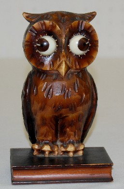 Germany Googlie Eye Owl Clock: Germany Googlie Eye Owl Clock: Oswald type; carved wood; stamped Germany; keywind. (Not running.) 6 1/2" All Items Sell As Is, Where Is, No Guarantees of Any Kind. You must contact our office at 641-7