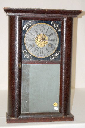 C & N Jerome Shelf Clock with Mirror: C & N Jerome Shelf Clock with Mirror: T & S; weight driven; metal dial; has pendulum; card tag tacked inside; silver gilt and black painted upper door; mirrored lower door. (No weights or key; dial sc