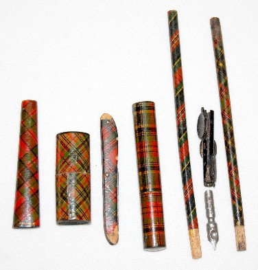 Scottish Tartan Ware Items: Needle Holder, Pens +: Scottish Tartan Ware Items: Needle Holder, Pens +: 1.) Needle holder with the name McBeth on it; 3 3/8" L; contains needles; in excellent condition. 2.) Pen tip holder with a German tip and 2 others; 