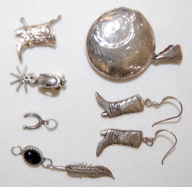 Sterling Silver Jewelry Locket, Earrings, Plus: Sterling Silver Jewelry Locket, Boot Earrings, Pendant and 3 trinkets, stirrup, horseshoe and feather shape.
